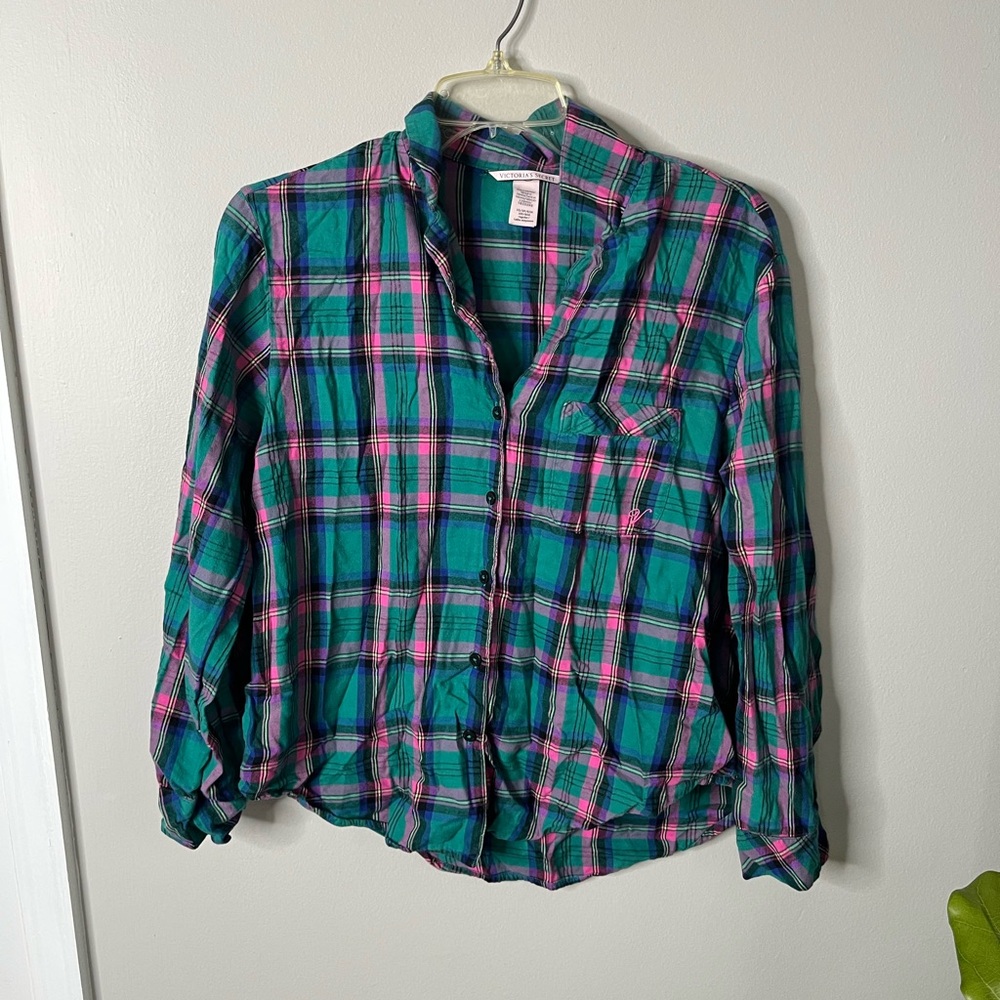Victorias secret vintage Teal & Pink Plaid Button-Up PJ Shirt size xs
